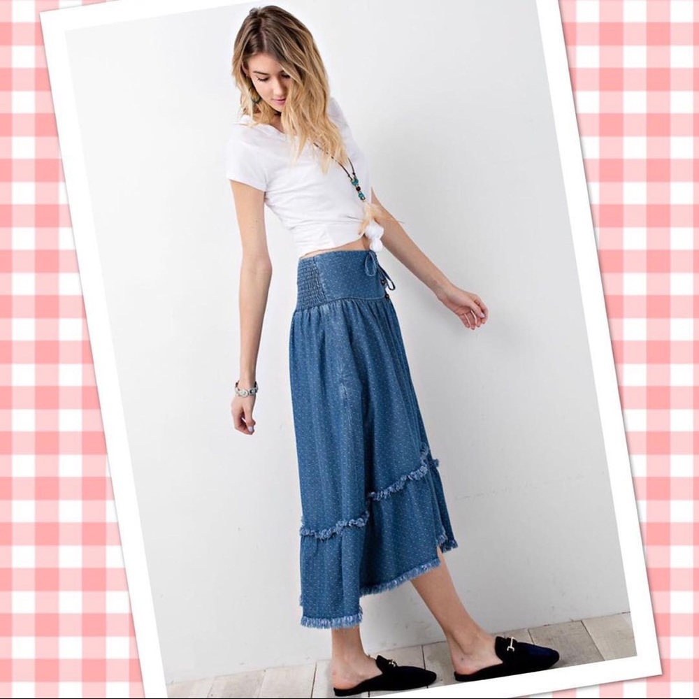 Denim Pin Dot Maxi Skirt